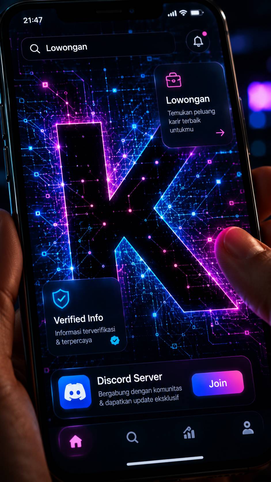 Layar menampilkan huruf K besar neon warna-warni, merepresentasikan Komunitas/Kreativitas