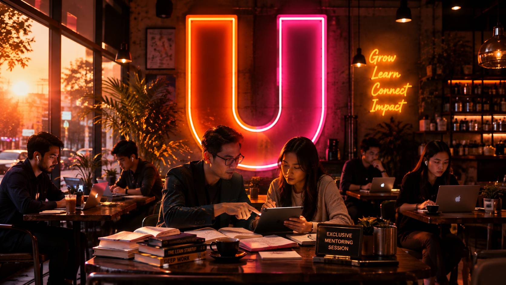 Suasana coffee shop dengan neon huruf U besar, merepresentasikan Usaha