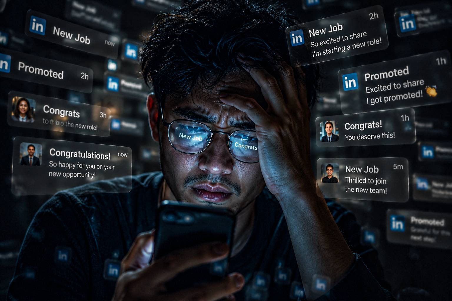 Orang terlihat cemas melihat notifikasi LinkedIn seperti New Job, Promoted, Congrats di ponselnya