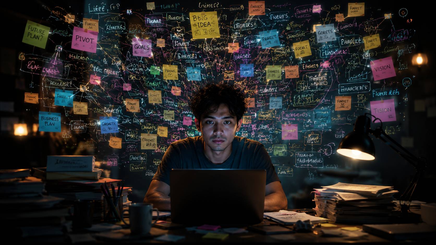 Orang duduk di depan laptop dengan dinding penuh sticky notes rencana dan ide
