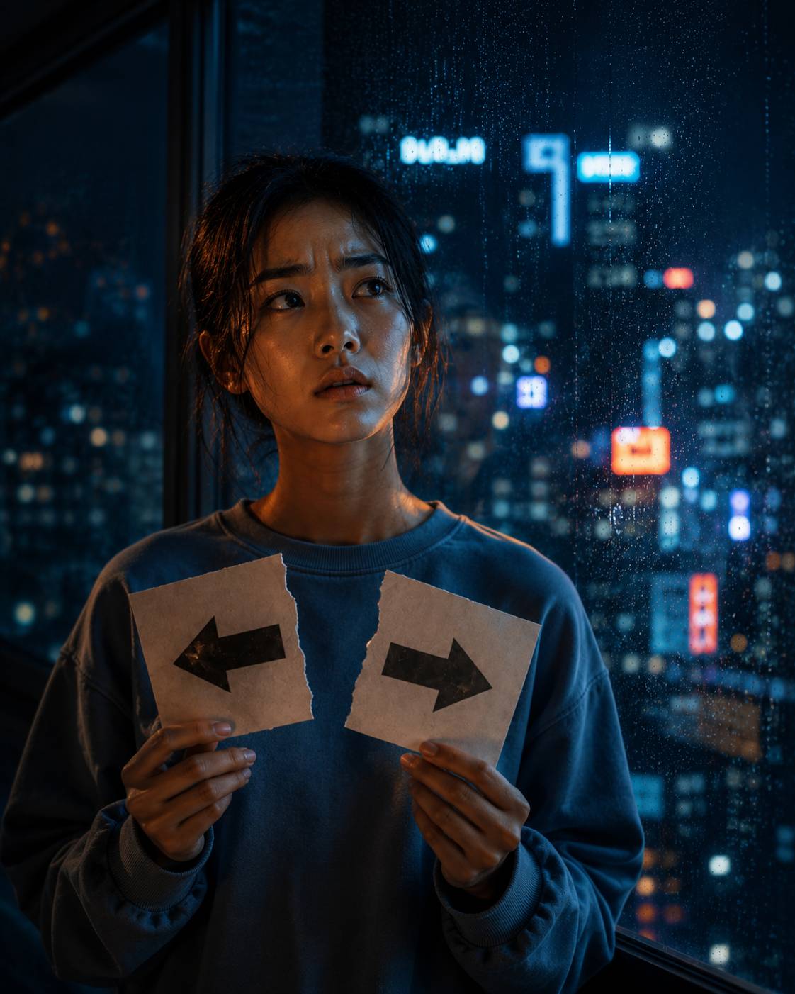 Perempuan memegang kertas panah kiri dan kanan yang sobek, terlihat ragu di depan jendela kota malam hari